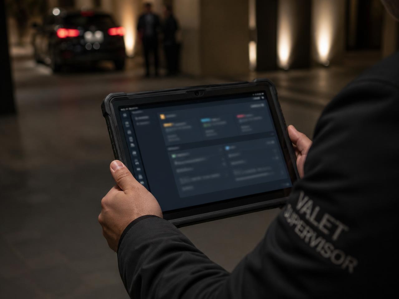 Valet supervisor reviewing an operations screen on a handheld tablet